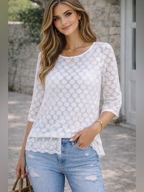 Alfani White Polka Dot Lace Hem Blouse